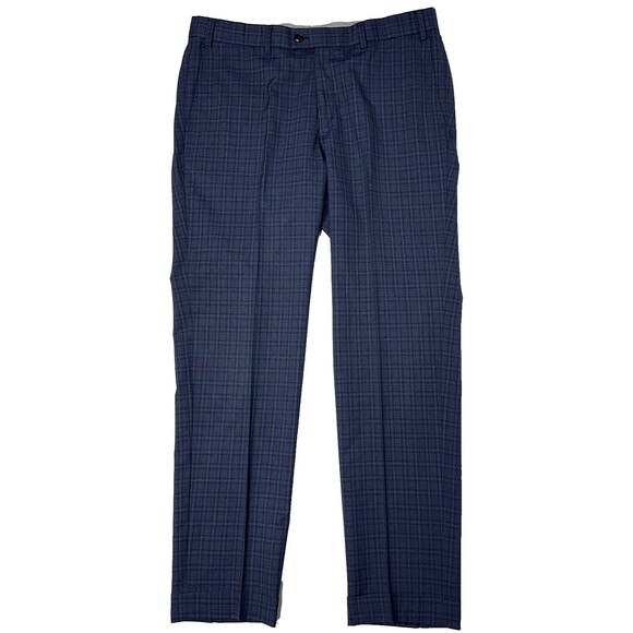 HILTL 100% Italian Wool Flat Front Dress Pants Blue Plaid Cuffed Men Size 36x32 - Picture 2 of 11